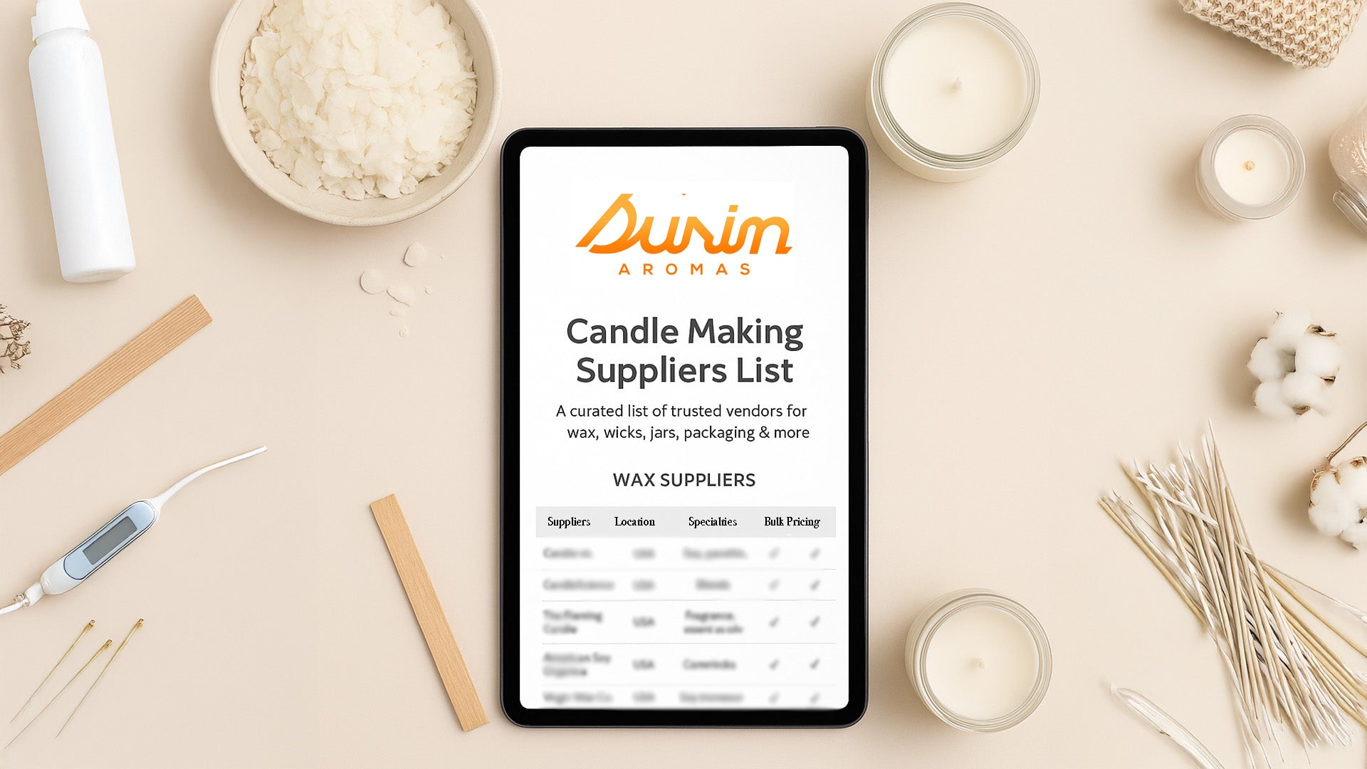 Tablet displaying a 'Candle Making Suppliers List' on a table with candle-making supplies.