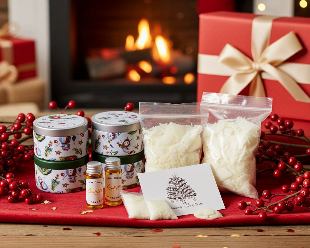 Christmas-themed products including candles, oils, and packaging on a table with a fireplace in the background.